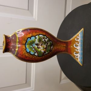 Antique Japanese Cloisonne 3 Sided Fish Crane Vase 8 1/4"